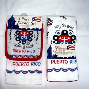 “Soy de aquí como el coqui” 3 pcs. Kitchen set. and 3 pcs Micro fiber towel set